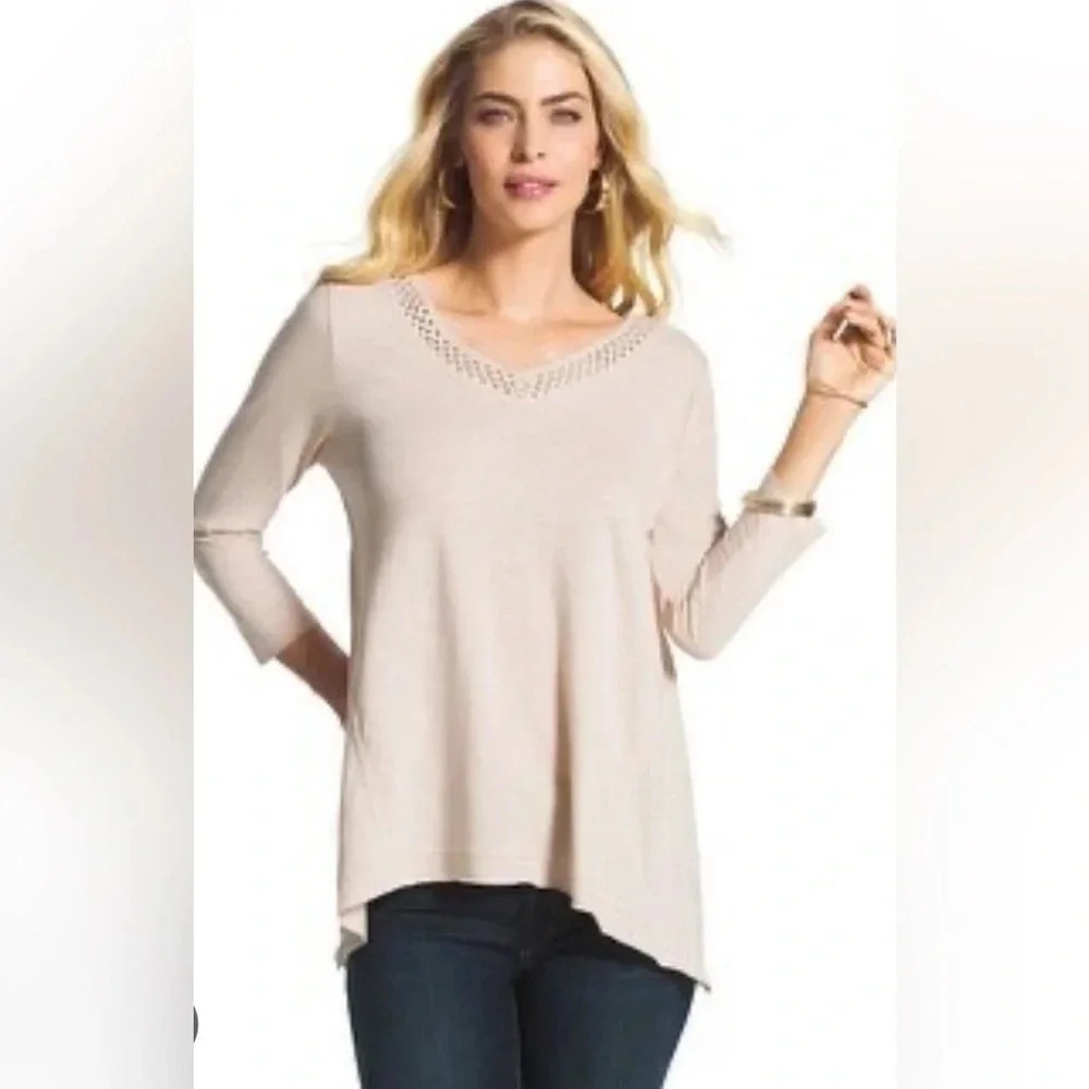 Chico’s Chole Crochet Trim top 3/4 sleeves, color: cement, size: 4